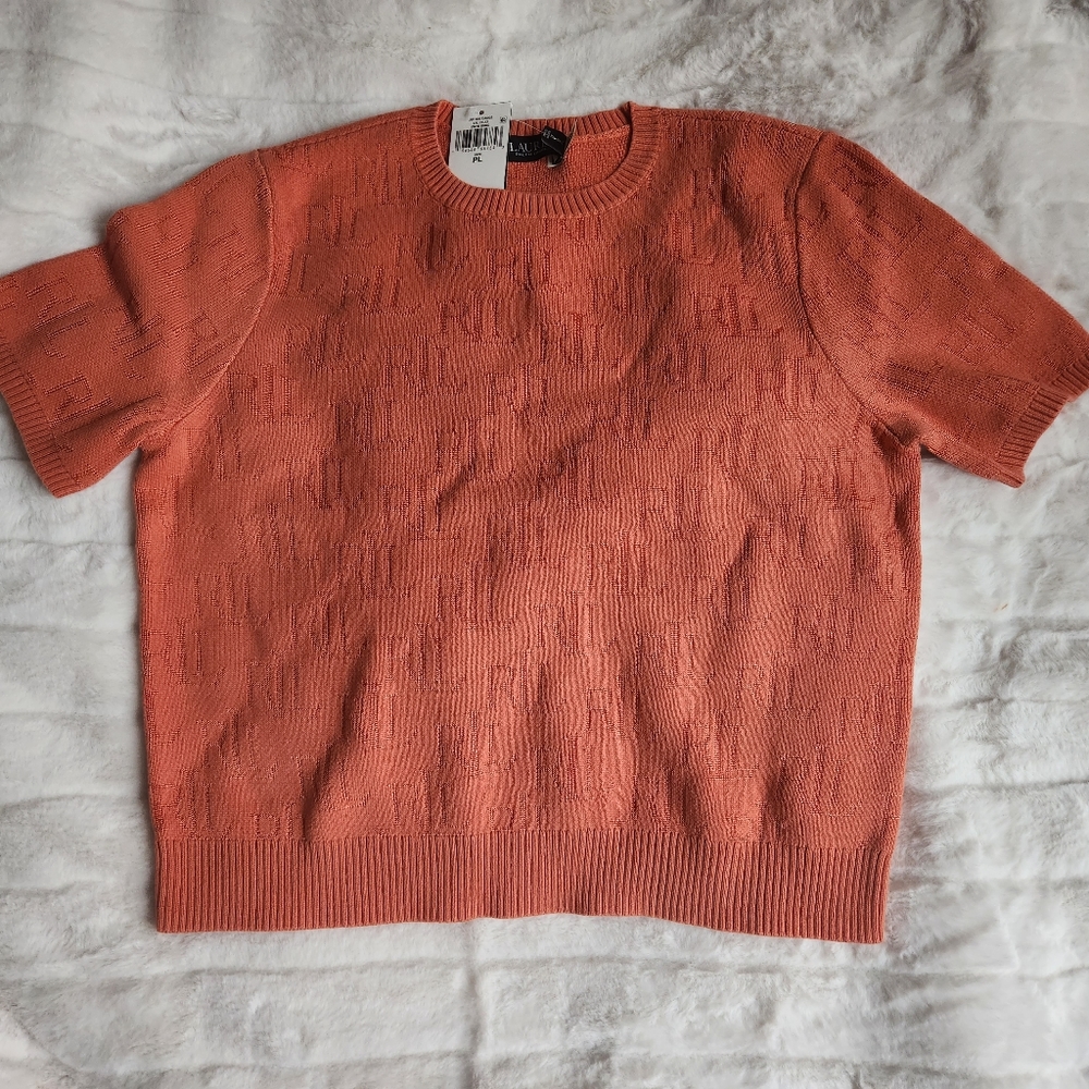 Ralph Lauren Sweater monogram jacquard Sweater short sleeves orange sz petite L - Picture 6 of 8